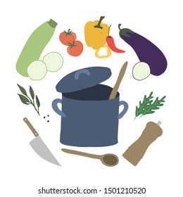 Vector illustration of pan, pepper mill, cooker, knife and vegetables