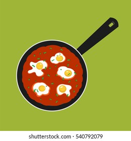 Vector illustration of pan with Shakshuka. Breakfast with Sunny side up eggs and a sauce of tomatoes. Huevos rancheros