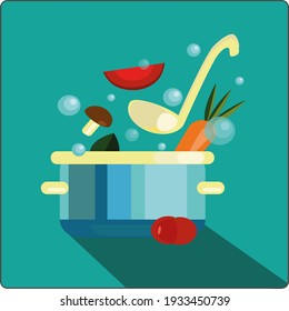 Ilustración vectorial de pan y verduras.Estilo de caricatura plano.Icono con sombra larga. Firma diseño web, afiches, banners. Cocina.Cocina.Tomate rojo escocés, zanahoria anaranjada, hongos, hoja de laurel verde, burbujas.