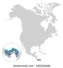 Vector Illustration Of Panama In Blue On The Grey Model Of North America Map With Zooming Replica Of Country