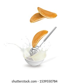 Vector illustration of a pancake flying out of dough and a whisk.