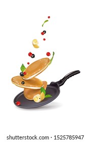 vector illustration of pancake pan in a pan with berries and butter