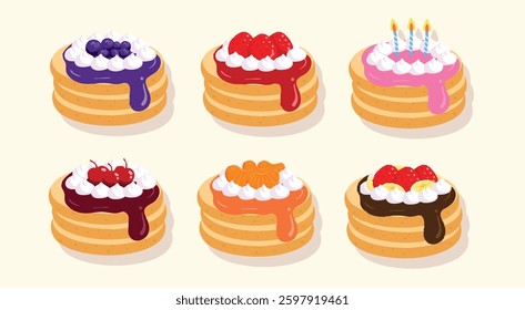 Vector Illustration of Pancake Stacks with Various Fruit Toppings and Whipped Cream