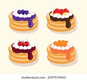 Vector Illustration of Pancake Stacks with Various Fruit Toppings and Whipped Cream