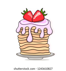 Vector illustration of pancakes. Baking with syrup and strawberries. The concept of Breakfast.