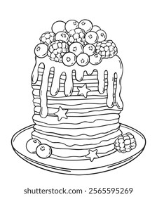 vector illustration of pancakes with berries. coloring book