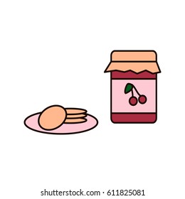 Vector illustration of pancakes and cherry jam. Modern line style. Line icons of pancakes and cherry jam isolated on white background.