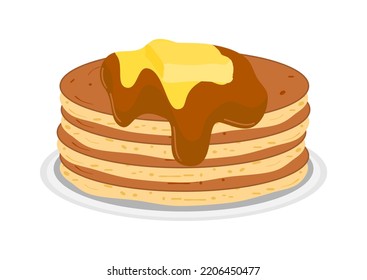 Vector illustration of pancakes with chocolate and butter topping on white background.