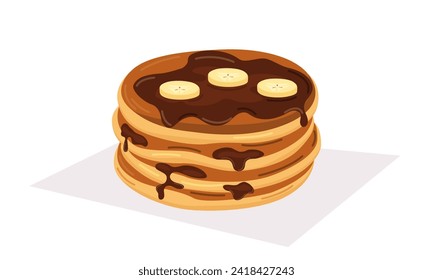 Vector illustration of pancakes with chocolate and pieces. Concept for breakfast, food, dessert, baking.