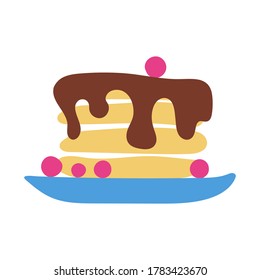 Ilustración vectorial de crepes con jarabe de chocolate y bayas aisladas en fondo blanco. Resumen de ilustración plana.