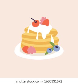 Vector Illustration of pancakes with cream and different fruits. Delicious bakery breakfast