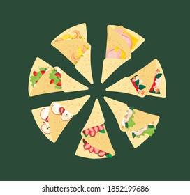 vector illustration of pancakes with different fillings laid out in a circle on a green background