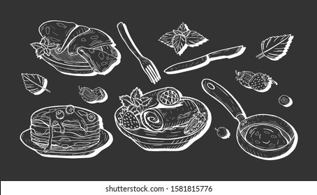 Vector illustration of pancakes with fillings, plain, on the pan, with fruits and strawberries, portion on the plate, fork and knife. Vintage hand drawn doodle style dumplings on black background.