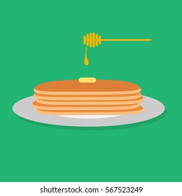 vector illustration of pancakes with honey and butter on plate