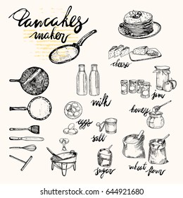 Vector illustration: pancakes and ingredients , cookware crockery. Pen drawn style.