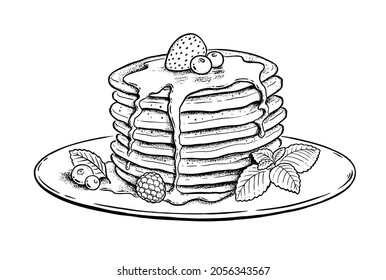 Vector illustration of Pancakes with mint leaf and berries on plate. Vintage style drawing isolated on white background. svg