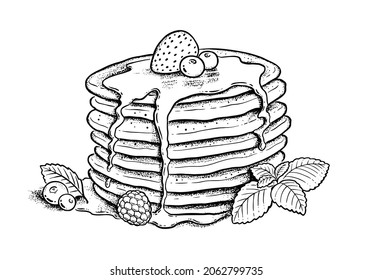 Vector illustration of Pancakes with mint leaf and berries. Vintage style drawing isolated on white background. svg