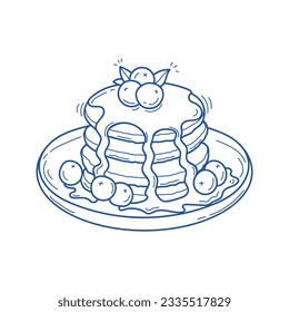 Vector illustration of Pancakes with mint leaf and berries on plate. Doodle drawing isolated on white background