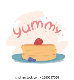 Vector illustration of pancakes on turquoise plate with strawberry, blueberry and syrup. Lettering Yummy with tiny stars.