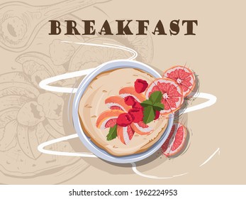 Vector illustration. Pancakes, orange slices, raspberries lie on a saucer