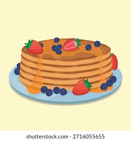 Ilustración vectorial de Panqueques con Sirope, Cubierto con Fresas y Arándanos en un Plato Azul. Ideal para el desayuno, o temas relacionados con la comida.