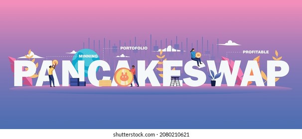 Vector illustration pancakeswap logo cryptocurrency with floral and people background.