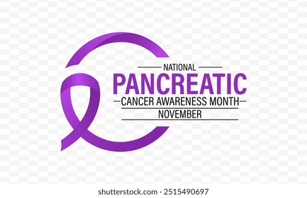 Vector illustration of  Pancreatic Cancer awareness month is observed every year in November. 
Calligraphy and Realistic purple ribbon. Vector illustration transparent background.