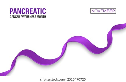 Vector illustration of  Pancreatic Cancer awareness month is observed every year in November. 
Calligraphy and Realistic purple ribbon. Vector illustration transparent background.