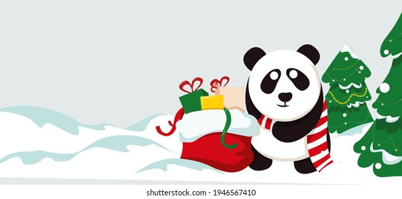 vector illustration of a panda with a bag of gifts near the Christmas tree