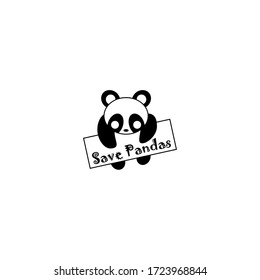 Vector illustration of panda bear holding the poster save panda. simple icon. Black and white. Saving animals.