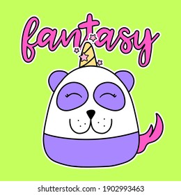 VECTOR ILLUSTRATION OF A PANDA BEAR WITH A HORN ON TOP OF THE HEAD, SLOGAN PRINT VECTOR