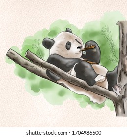 Vector illustration panda bear lies on a branch among the leaves in watercolor style on a light brown textured background.