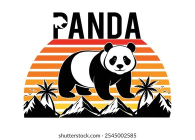 Ilustración vectorial de un oso panda de pie contra un fondo de puesta de sol de rayas retro con palmeras y montañas. Ideal para diseños con temas de vida silvestre, gráficos de inspiración vintage.