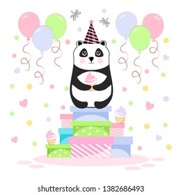 Vector illustration of panda with cake sitting on gifts