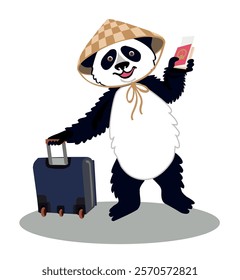 Vector illustration of a panda in a Chinese hat with a suitcase on wheels and a passport and ticket in his hands. Concept of returning panda from Japan to China