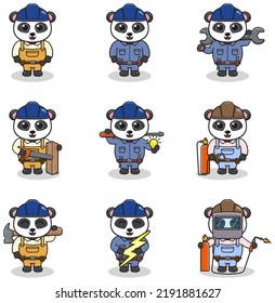 Vector illustration of Panda Construction, builder, electrician, welder and handymen cartoon. Cute Panda engineers workers, builders characters isolated cartoon illustration.