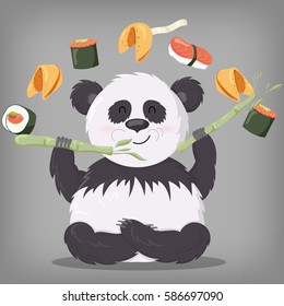 Vector illustration of a panda. Panda eating bamboo. Chinese food