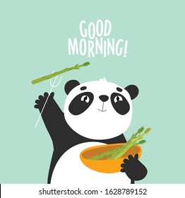 Vector illustration of a panda eating. Cartoon panda. Panda eats asparagus. Asparagus.
