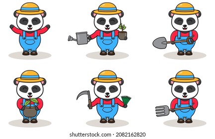 Vector illustration of Panda farmer cartoon. Cute Panda farmer character design with straw hat. Character flat design.