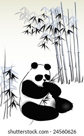 vector illustration of panda feeding on bamboo shoots