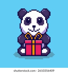 Vector Illustration of Panda with Gift Box with Pixel Art Design, perfect for game assets themed designs