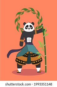 Vector illustration of panda having strength and holding bamboo stick on peach color background.
