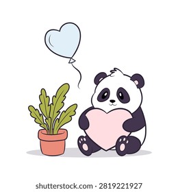 A vector illustration of panda with heart, potted plant and heartshaped balloon