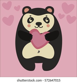 Vector illustration of a panda and hearts. Valentine's Day, perfect for greeting cards, prints.