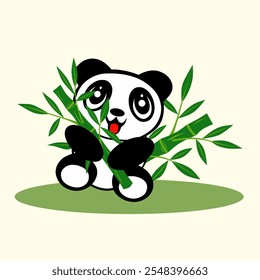 Vector illustration of a panda holding bamboo, expressing joy and cuteness. Perfect for children's designs, fun themes, or wildlife concepts. The panda's cheerful face adds a charming touch.