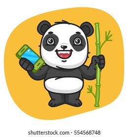 Vector Illustration, Panda Holds Bamboo and Phone, Format EPS 8