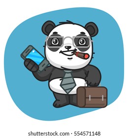 Vector Illustration, Panda Holds Suitcase and Phone, Format EPS 8