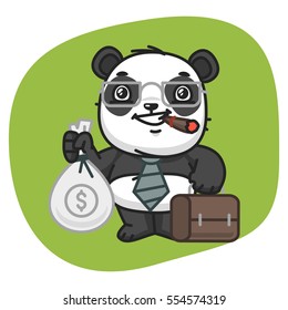 Vector Illustration, Panda Holds Suitcase and Bag of Money, Format EPS 8