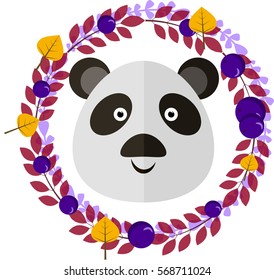 Vector illustration of panda and leafy wreath, separated illustration with panda,leaves and berries for card,invitation, sticker,button,logo,tags,labels