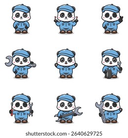 Vector Illustration of Panda Mechanic Cartoon Character. Mechanic Character Vector Illustration. Panda Character animal. Mechanic Mascot.